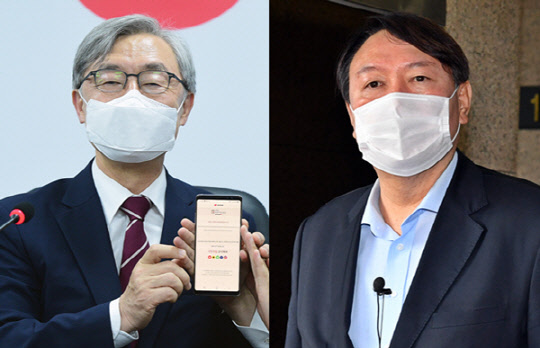 지난 7월15일 서울 영등포구 여의도 국민의힘 당사에서 모바일 당원 가입신청을 마친 최재형(왼쪽) 전 감사원장, 종로구 반기문재단에서 반기문 전 유엔 사무총장을 접견한 뒤 취재진을 만난 윤석열(오른쪽) 전 검찰총장.연합뉴스 사진 갈무리